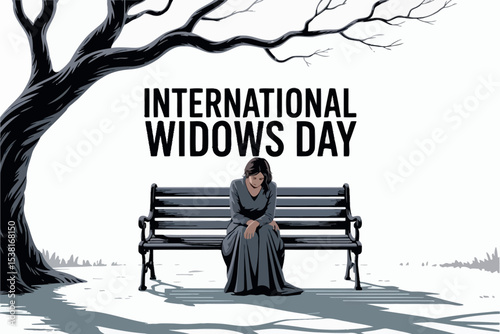 Sad Widow on Bench Illustration for International Widows Day