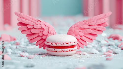 a vibrant pink icing background with two red and white striped cupcakes