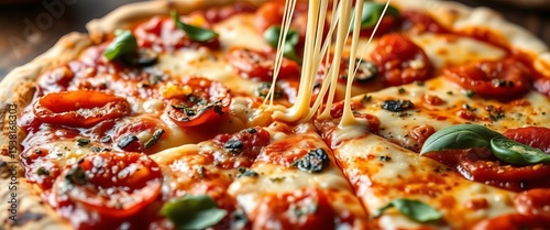 Homemade regina pizza, close-up showing cheese pull and toppings,  onions,  italian