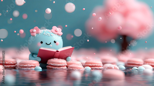 the image presents a cartoonish, blue creature with pink flowers atop its head, engrossed in reading a pink book