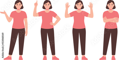Illustration of a woman in four different poses with various hand gestures on a white background