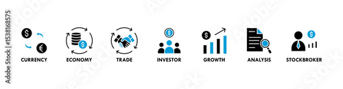 Forex banner web icon vector illustration concept with icon of currency, economy, trade, investor, growth, analysis and stockbroker