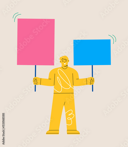 Happy man with a banner and space for your text. Colorful vector illustration