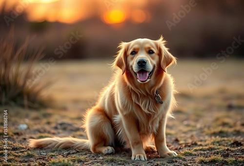 Golden retriever sits, sunset glow, trained obedience,  nature,  golden retriever