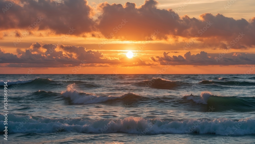 Obraz premium Breathtaking sea sunset, featuring the sun, waves, and clouds.
