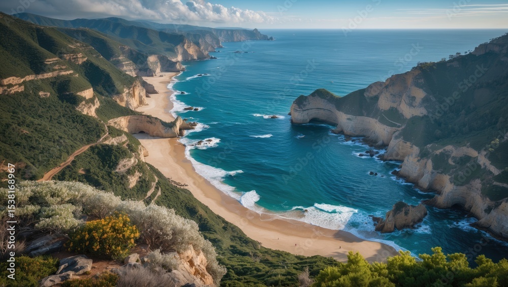 Amazing coast viewed from above with cliffs, sandy beach, and ocean waves. Nature and landscape, scenic view, coastline. The concept of breathtaking coastal scenery. Amazing coast viewed from above with cliffs, sandy beach, and ocean waves. Nature and landscape, scenic view, coastline. The concept of breathtaking coastal scenery.