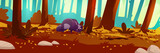 Autumn forest landscape with brown trees, golden leaves carpeting earth, black skunk sniffs fall foliage between scattered rocks. Misty woodland background for game environments or nature scenes.