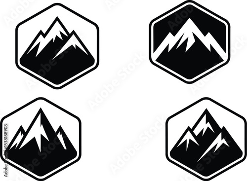 Four mountain icons inside hexagons in a black and white design showcasing outdoor adventure themes