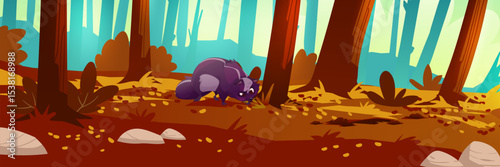 Autumn forest landscape with brown trees, golden leaves carpeting earth, black skunk sniffs fall foliage between scattered rocks. Misty woodland background for game environments or nature scenes.