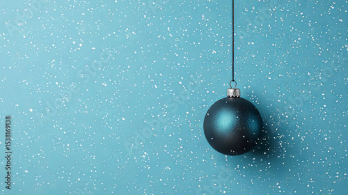 the image features a spherical ornament suspended from a thin cord against a tex