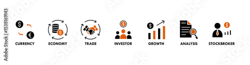 Forex banner web icon vector illustration concept with icon of currency, economy, trade, investor, growth, analysis and stockbroker