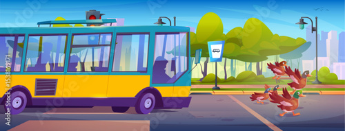 Ducks take flight from city road near yellow bus. Brown birds spread wings escaping urban street with green park, benches behind. Cartoon scene with waterfowl fly away from town public transport.