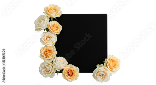 Peach and cream roses frame a black square isolated on transparent background