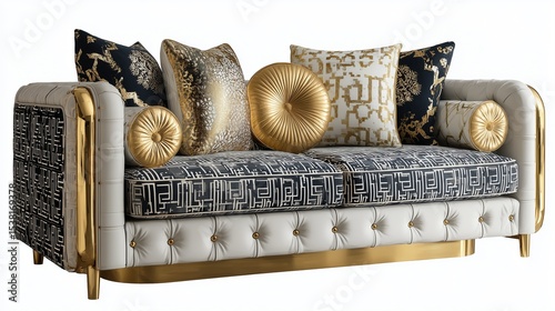 Art deco-inspired velvet upholstered sofa with geometric patterns and gold accents on white background