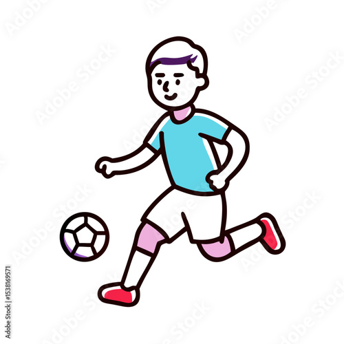 Energetic illustration of a boy playing soccer in a fun and colorful flat design