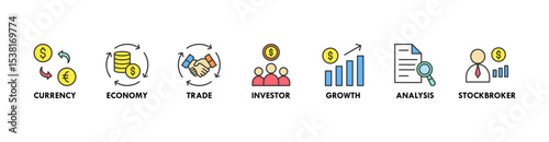 Forex banner web icon vector illustration concept with icon of currency, economy, trade, investor, growth, analysis and stockbroker