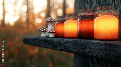 the image presents a collection of glass jars, containing an orange fluid that resembles glowing honey