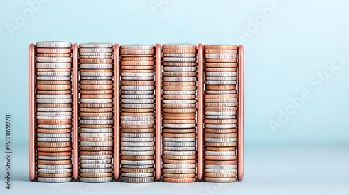 the image displays multiple stacks of metal currency, neatly arranged on a light