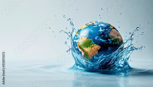 Planet Earth Water Splash: A globe is submerged in water, creating a dynamic splash. The image symbolizes the importance of water for our planet's survival.  