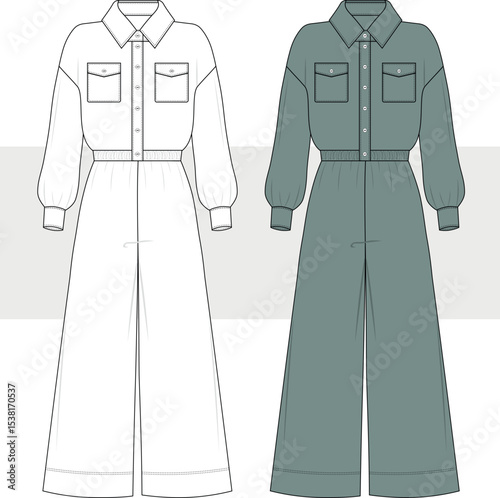Women's wide leg relaxed fit jumpsuit technical fashion drawing, flat sketch vector illustration. Army style jumpsuit set, CAD, Mockup.