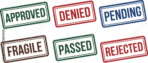 Various rectangular stamps displaying different words such as approved and rejected on a white background