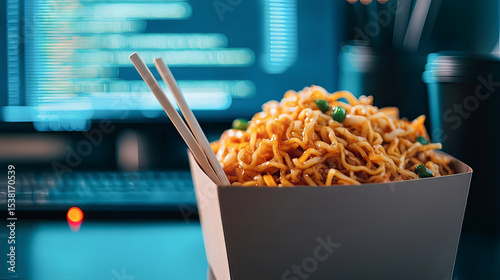 the image shows a cardboard container filled with saucy noodles and peas, standing prominently in the foreground with a pair of wooden sticks placed inside