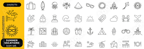 Summer Vacation Editable Icons set. Vector illustration in modern thin line style of travel related icons sea, surfing, beach, hotel, and more. Pictograms and infographics for mobile apps