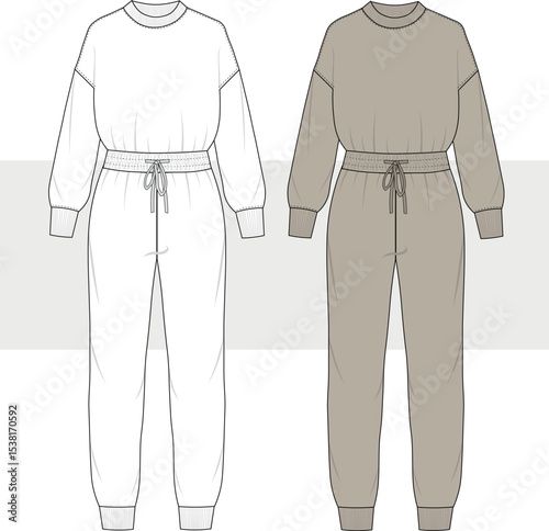Women's relaxed fit drop shoulder jumpsuit technical fashion drawing, flat sketch vector, illustration. Sportswear set. CAD, mockup.