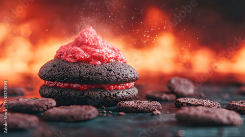 the focal point of the image is a dessert that is composed of two dark baked treats sandwiched together with a red filling,