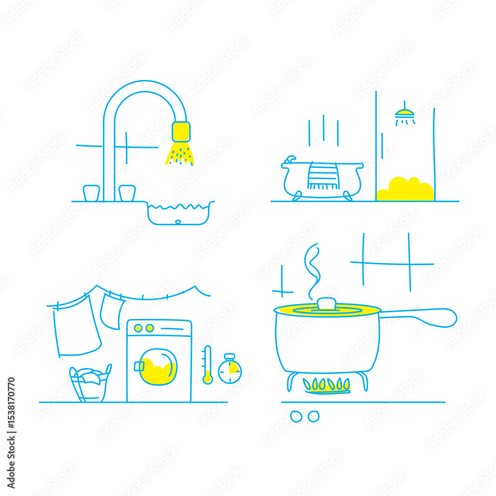 dessin de presse au trait pour illustrer des articles sur le sujet de l'économie d'énergie, protection des ressources naturelles, réduction des factures, écologie, protection de la planète, modifiable
