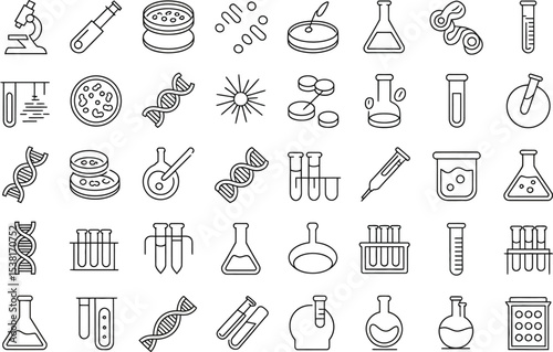 Line art illustration of various scientific laboratory equipment icons