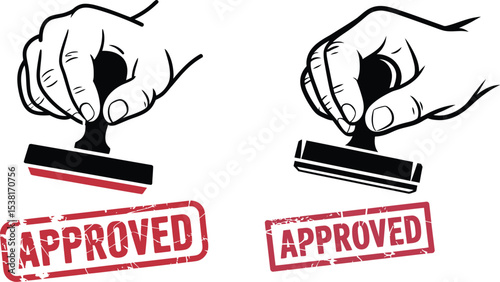 A hand holding a rubber stamp with the word approved below it on a white background illustration
