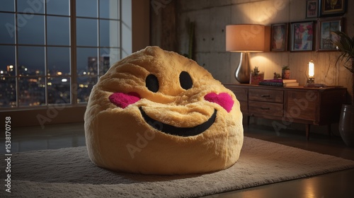 Giant emoji-themed bean bag chair with ðŸ˜� face print for teen bedroom decor