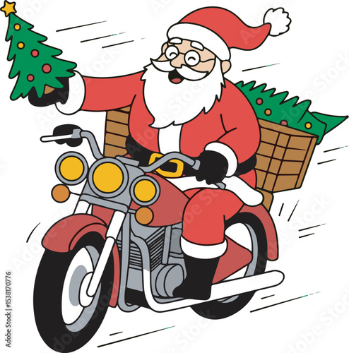 Santa Claus Riding Red Motorcycle Christmas Trees vector