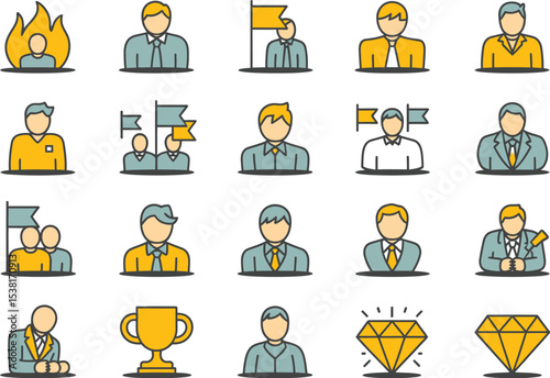 Collection of business people icons with flags fire and trophy design