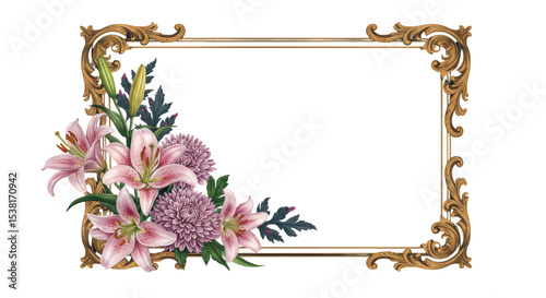 Ornate gold frame with pink lilies and chrysanthemum flowers isolated on transparent background