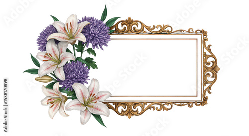 Floral frame with lilies and chrysanthemums isolated on transparent background
