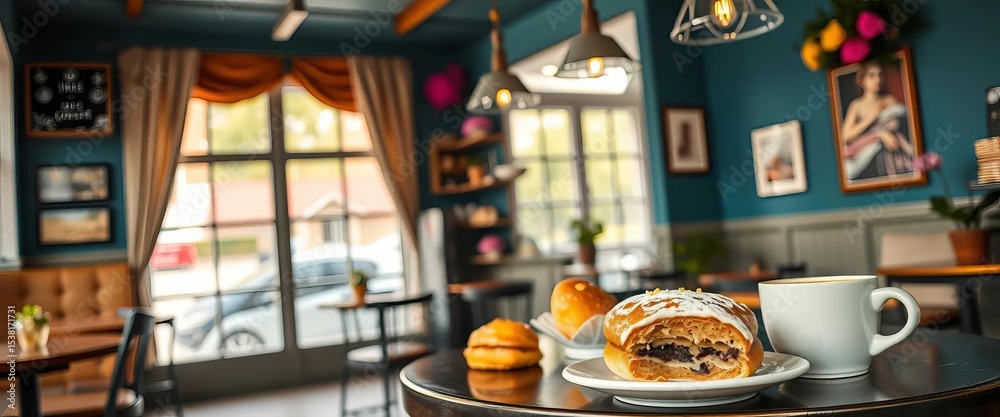 Cozy Lviv cafe interior with pastries and coffee, wood, smell Cozy Lviv cafe interior with pastries and coffee, wood, smell