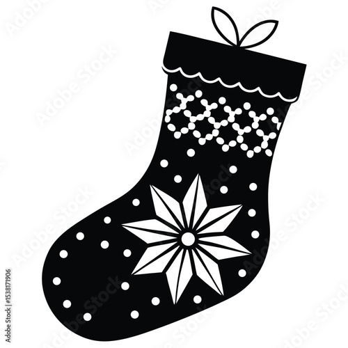 Black and white christmas stocking design with snowflake and decorative patterns in silhouette