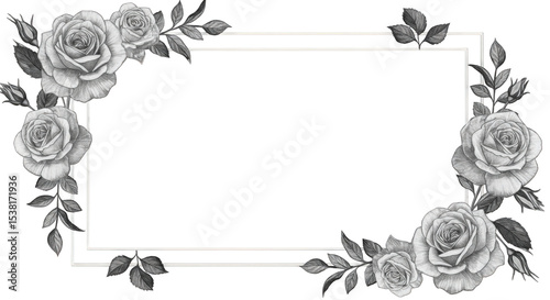 Elegant floral frame with roses and leaves isolated on transparent background