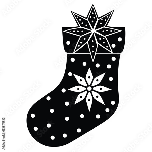 Black and white christmas stocking illustration with star and snowflake decorations for the holidays.