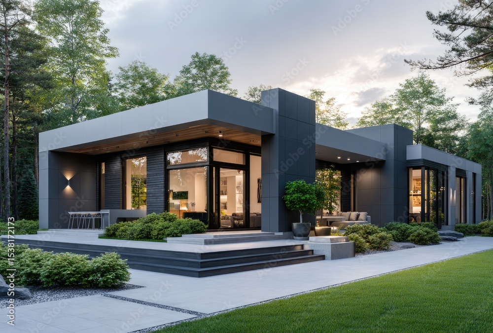 A house in an urban area, made of dark gray wood and white metal with large windows at night illuminated by the lights inside A house in an urban area, made of dark gray wood and white metal with large windows at night illuminated by the lights inside