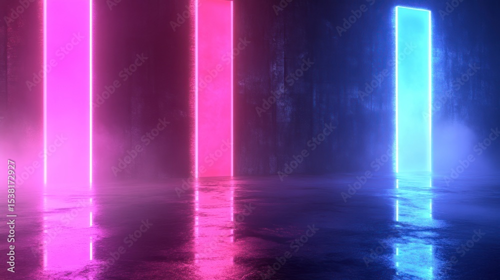 Neon light portals in a dark, misty space. Neon light portals in a dark, misty space.