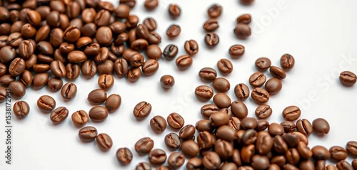Close-up of scattered coffee beans on white background,  white,  dark