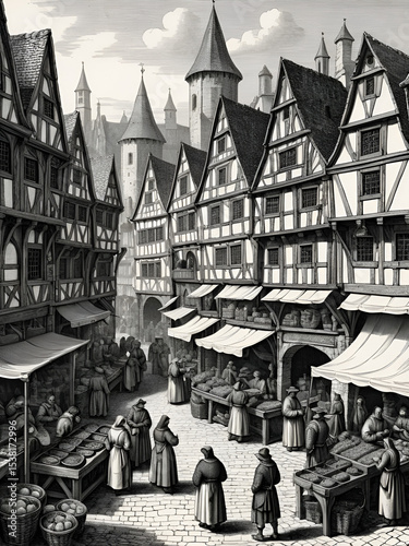 A detailed engraving of a medieval marketplace with vendors and townsfolk, old engraving, marketplace, medieval