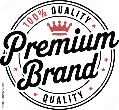 Premium brand logo with crown and stars inside double circle with text quality and percent