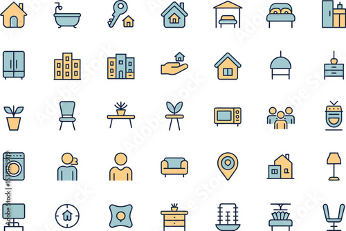 Collection of home and real estate related icons in a flat design style