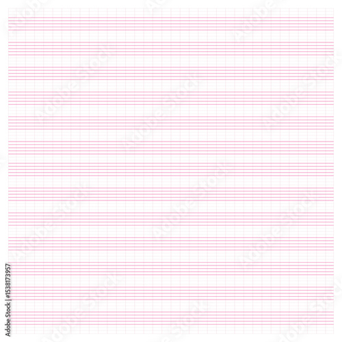Graph paper. Printable grid paper with stave on a white background. A blank music sheet paper with staff. Geometric pattern for composition, education, school. Realistic lined paper blank.
