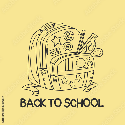 Vintage back to school illustration with cute kids walking, books, flowers, hand-drawn sepia line art