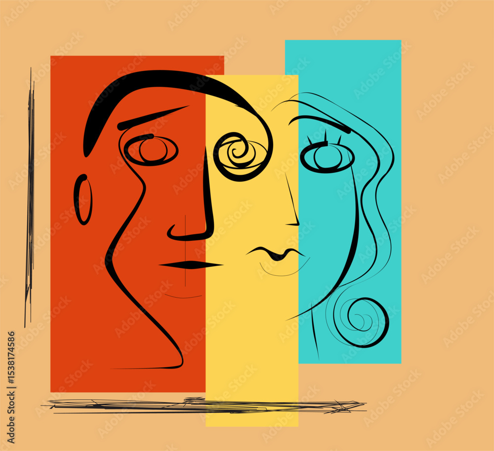 Abstract faces are depicted with simple lines and shapes, layered over three rectangular color blocks in red, yellow, and blue. minimalist design